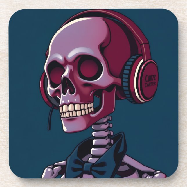 Skeleton with headphones beverage coaster (Front)