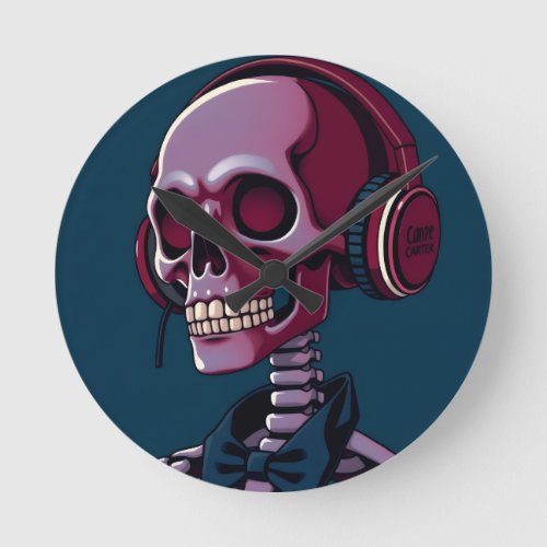 Skeleton with headphones round clock