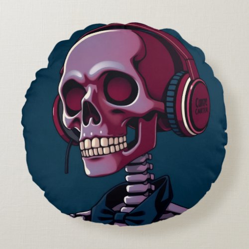 Skeleton with headphones round pillow