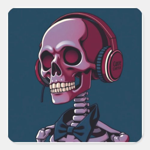 Skeleton with headphones square sticker