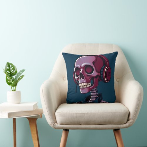 Skeleton with headphones throw pillow