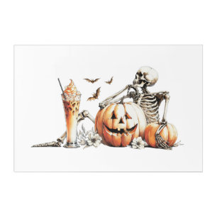 Skeleton with pumpkin and drink. Halloween. Acrylic Print