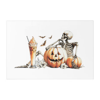 Skeleton with pumpkin and drink. Halloween. Acrylic Print