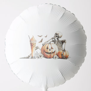 Skeleton with pumpkin and drink. Halloween. Balloon