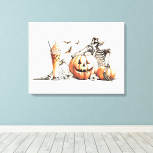 Skeleton with pumpkin and drink. Halloween. Canvas Print
