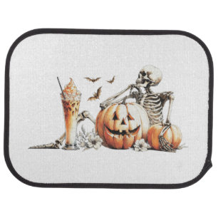 Skeleton with pumpkin and drink. Halloween. Car Floor Mat