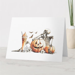 Skeleton with pumpkin and drink. Halloween. Card
