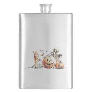 Skeleton with pumpkin and drink. Halloween. Flask