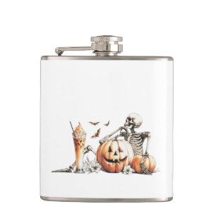 Skeleton with pumpkin and drink. Halloween. Flask
