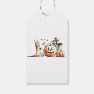 Skeleton with pumpkin and drink. Halloween. Gift Tags