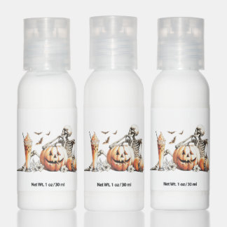 Skeleton with pumpkin and drink. Halloween. Hand Lotion
