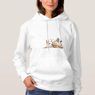 Skeleton with pumpkin and drink. Halloween. Hoodie