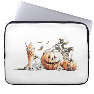 Skeleton with pumpkin and drink. Halloween. Laptop Sleeve
