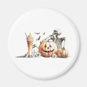 Skeleton with pumpkin and drink. Halloween. Magnet