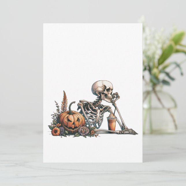 Skeleton with pumpkin and drink. Halloween Menu (Standing Front)