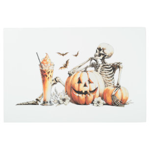 Skeleton with pumpkin and drink. Halloween. Metal Print