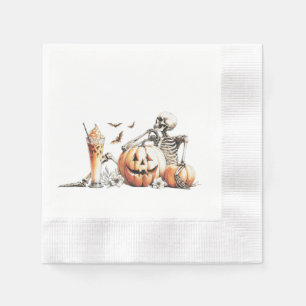Skeleton with pumpkin and drink. Halloween. Napkins