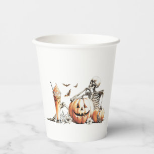 Skeleton with pumpkin and drink. Halloween. Paper Cups