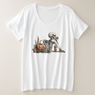 Skeleton with pumpkin and drink. Halloween Plus Size T-Shirt