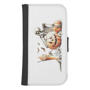 Skeleton with pumpkin and drink. Halloween. Galaxy S4 Wallet Case