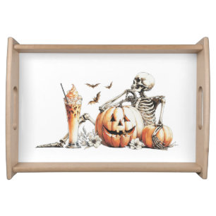 Skeleton with pumpkin and drink. Halloween. Serving Tray