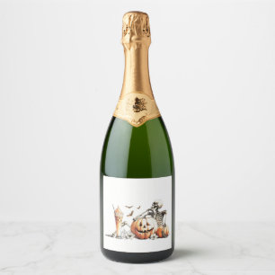 Skeleton with pumpkin and drink. Halloween. Sparkling Wine Label