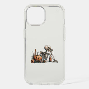 Skeleton with pumpkin and drink. Halloween iPhone 15 Case