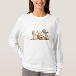 Skeleton with pumpkin and drink. Halloween. T-Shirt