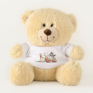 Skeleton with pumpkin and drink. Halloween. Teddy Bear