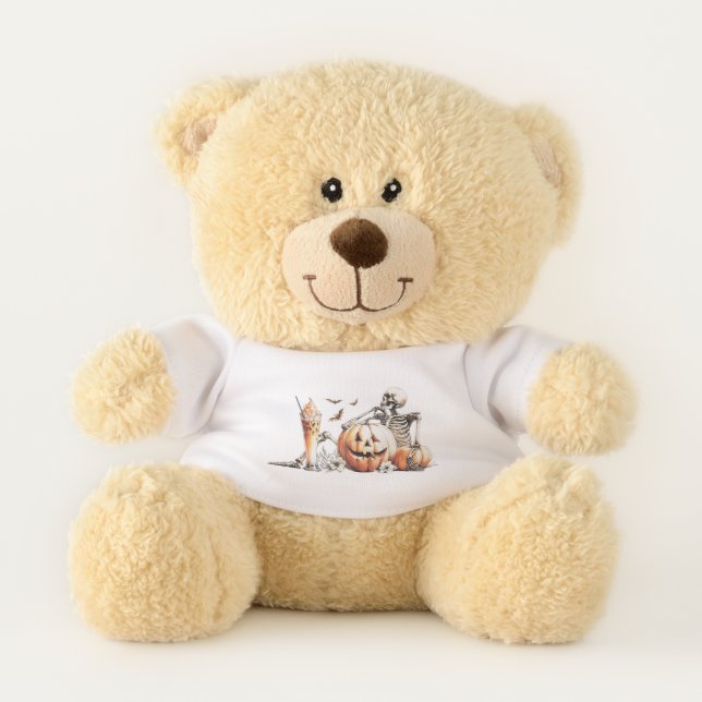 Skeleton with pumpkin and drink. Halloween. Teddy Bear (Front)