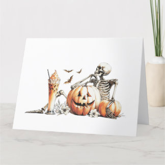 Skeleton with pumpkin and drink. Halloween. Thank You Card