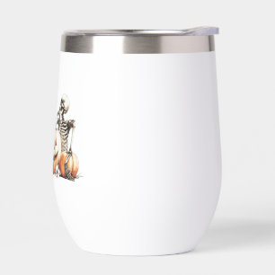Skeleton with pumpkin and drink. Halloween. Thermal Wine Tumbler