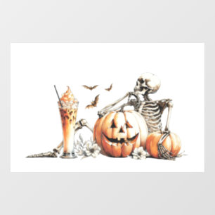 Skeleton with pumpkin and drink. Halloween. Window Cling