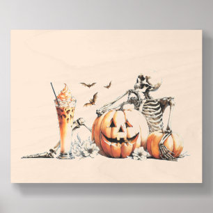Skeleton with pumpkin and drink. Halloween. Wood Photo Tile