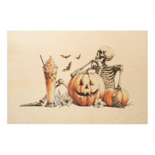 Skeleton with pumpkin and drink. Halloween. Wood Wall Art