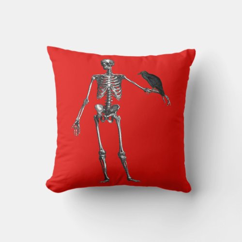Skeleton with Raven Halloween Red Cushion