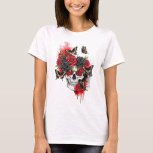 Skeleton with Red Black Roses and Butterflies T-Shirt