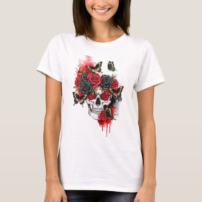 Skeleton with Red Black Roses and Butterflies T-Shirt (Front)