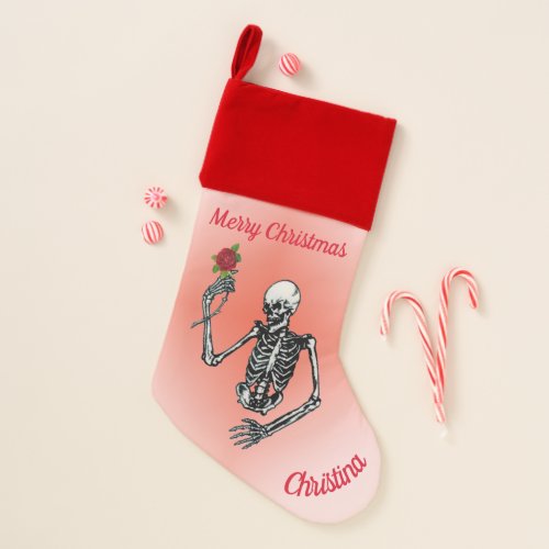 Skeleton With Red Rose on Stem Red Pink Christmas Stocking