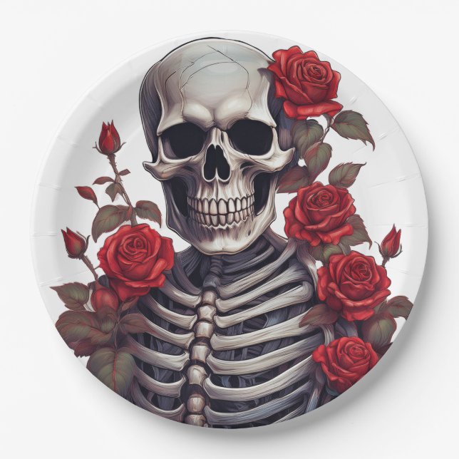 Skeleton With Red Roses Paper Plates (Front)