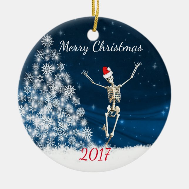 Skeleton with Santa Hat "Christmas 20xx" Ceramic Ornament (Front)