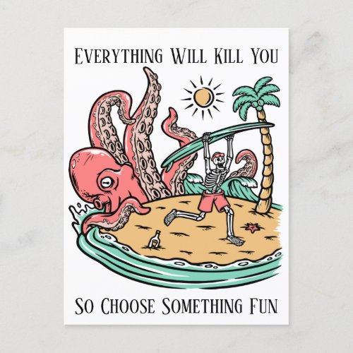 Skeleton with Surfboard Being Chased By an Octopus Postcard
