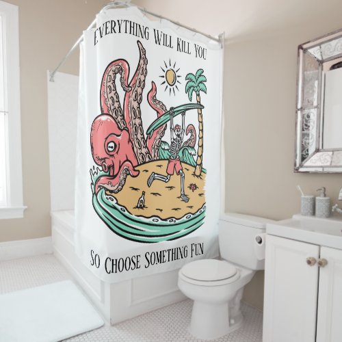 Skeleton with Surfboard Being Chased By an Octopus Shower Curtain