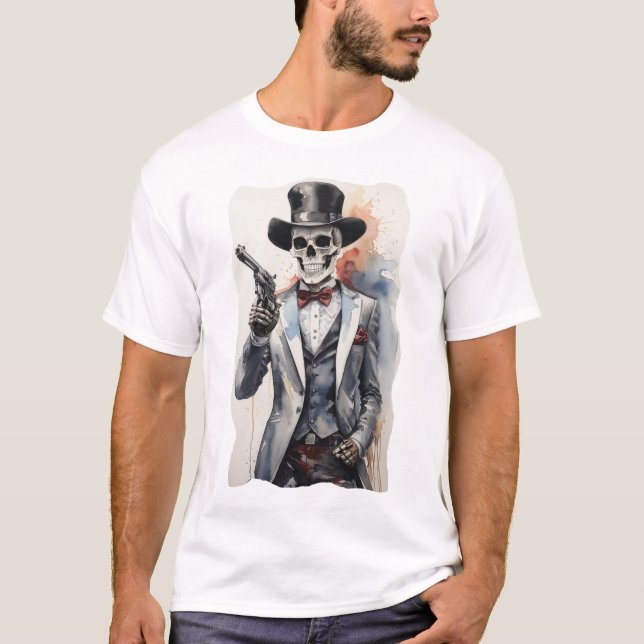 Skeleton with tuxedo holding a revolver T-Shirt (Front)
