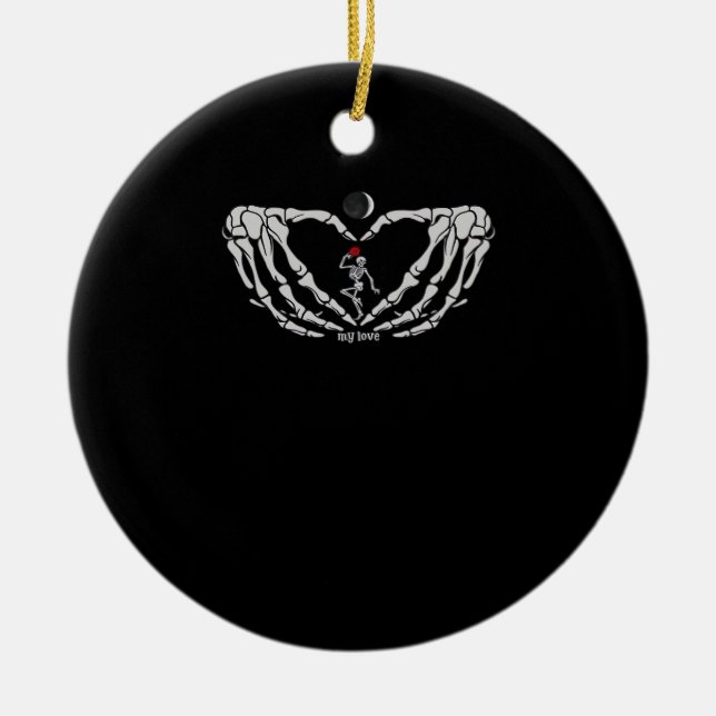 Skeleton Woman With Red Heart Hands Festival Ceramic Ornament (Front)