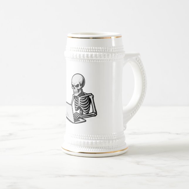 Skeleton Working Hard on Laptop  Beer Stein (Front Right)