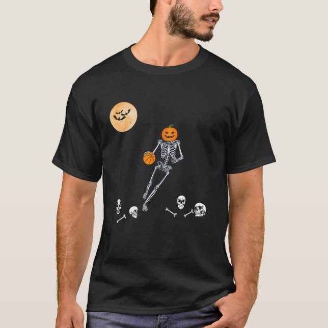 Skeleton X-Ray Pumpkin Head Playing Basketball Pla T-Shirt (Front)