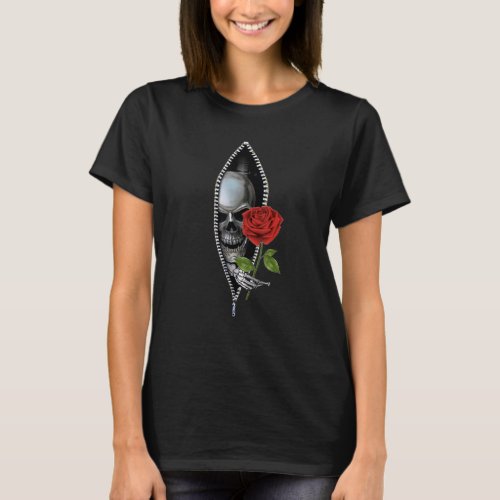 Skeleton Zipper Hand Holding Rose Flower T_Shirt