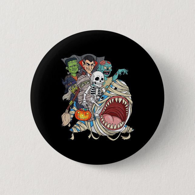 Skeleton Zombie Riding Mummy Shark Vampire Hallowe Button (Front)