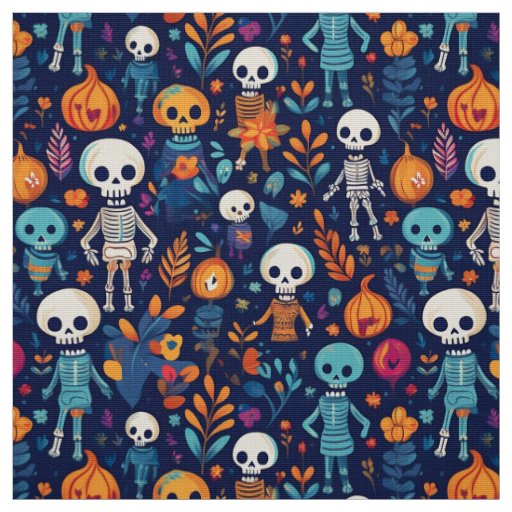 Skeletons and pumpkins vibrant halloween fabric